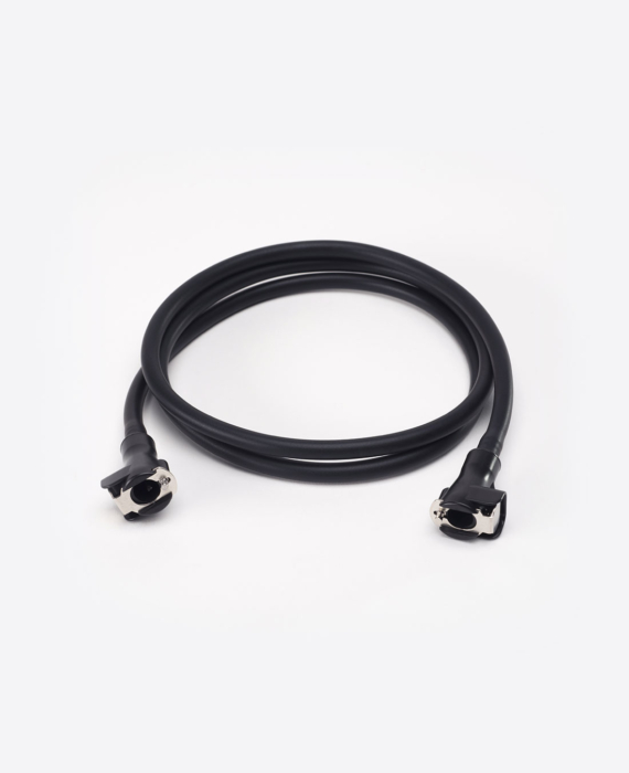 A black cable with two connectors on a white background.