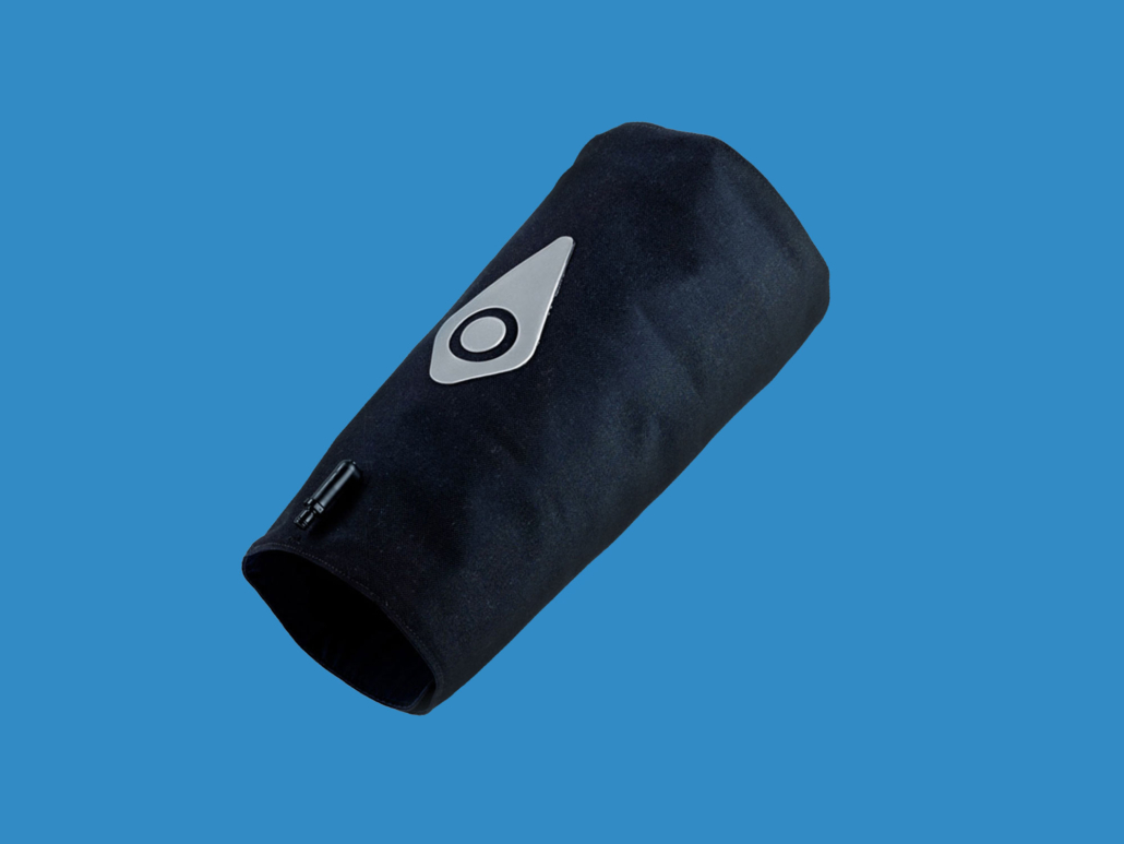 A black sleeve with a logo on it on a blue background.