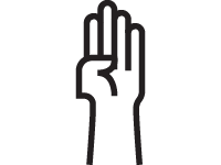 A black and white hand icon with a black background.