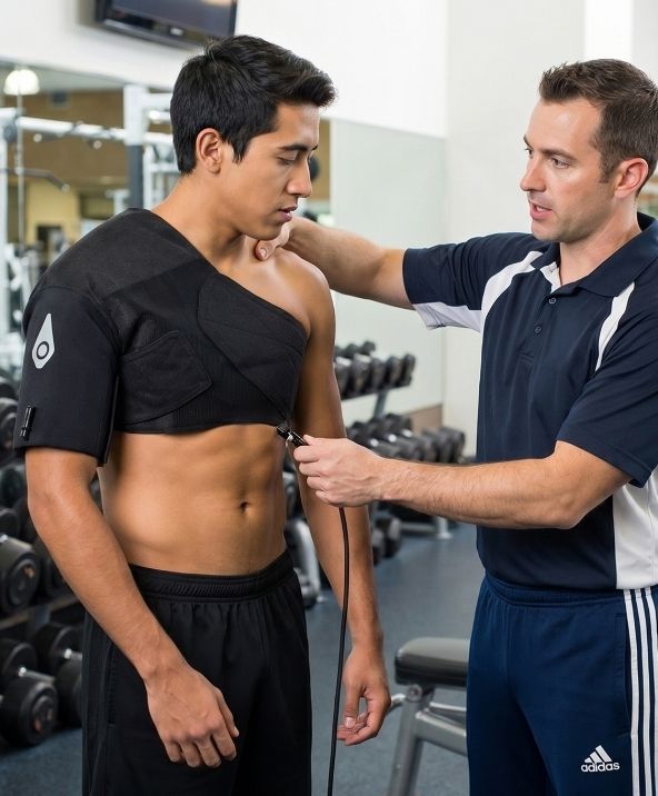 A trainer adjusting a Squid Go wrap on a man's shoulder in a gym